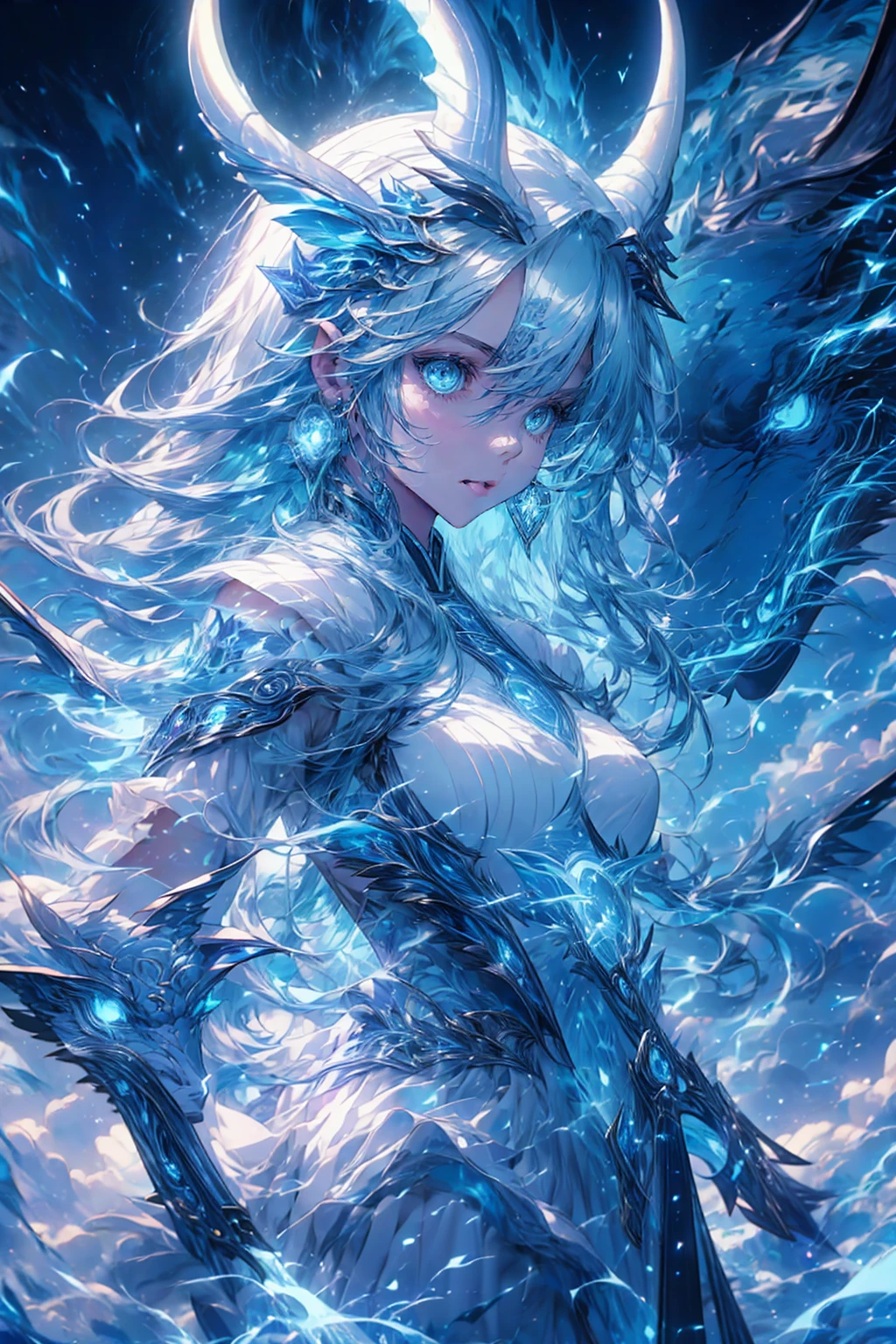 1girl,solo,cute,mysterious,brilliant blue eyes,she has a white wing,she like a qilin,qilin,white and lightblue aura, thundermagic, dahuangdongjing