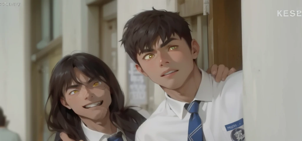 There are two 17 year old boys with black hair, yellow eyes, they are talking while walking through the streets of a town.