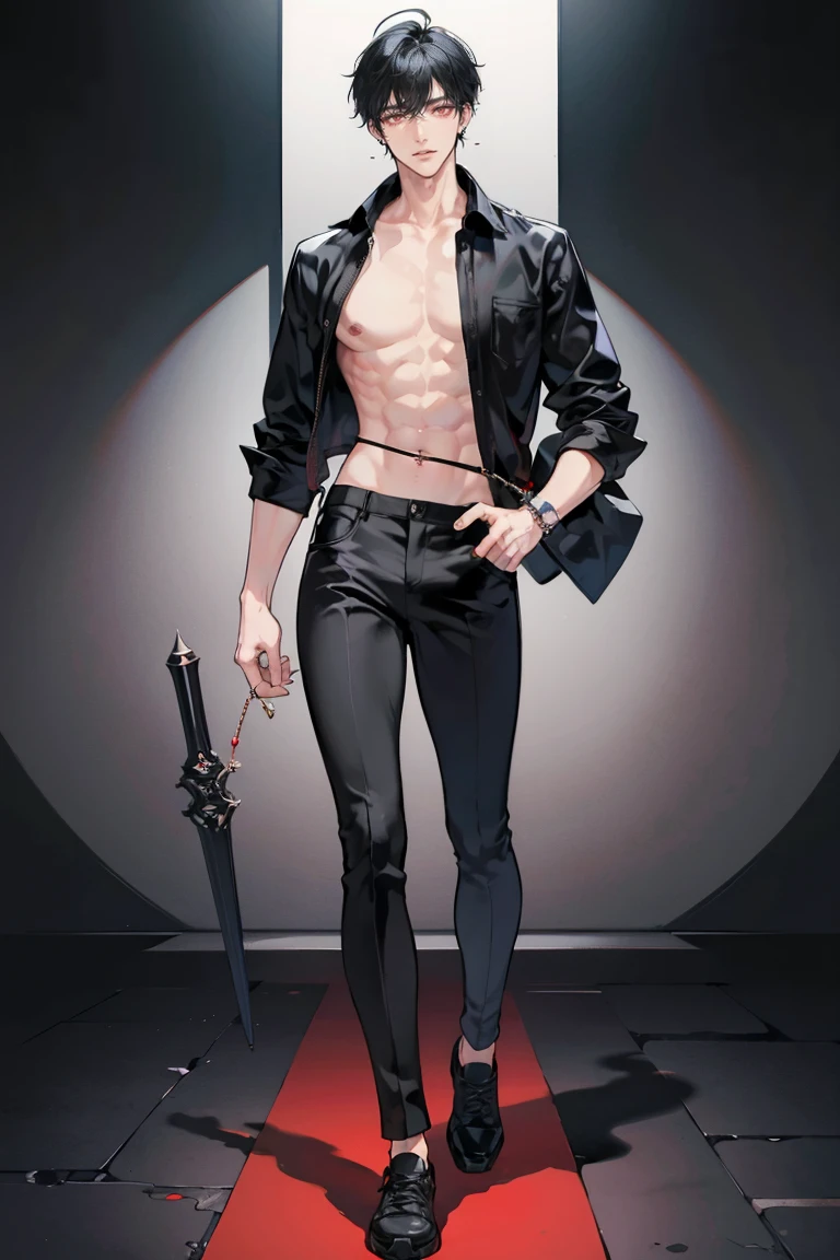 (masterpiece), best quality, seductive eyes, perfect face, handsome man, red eyes, short messy black hair, long nose, shirt-less, long black pants, black sneakers, full body, extremely tall man, long legs, long calves, anime cover, 1boy, ear piercings, adult-like look, standing, bad boy
