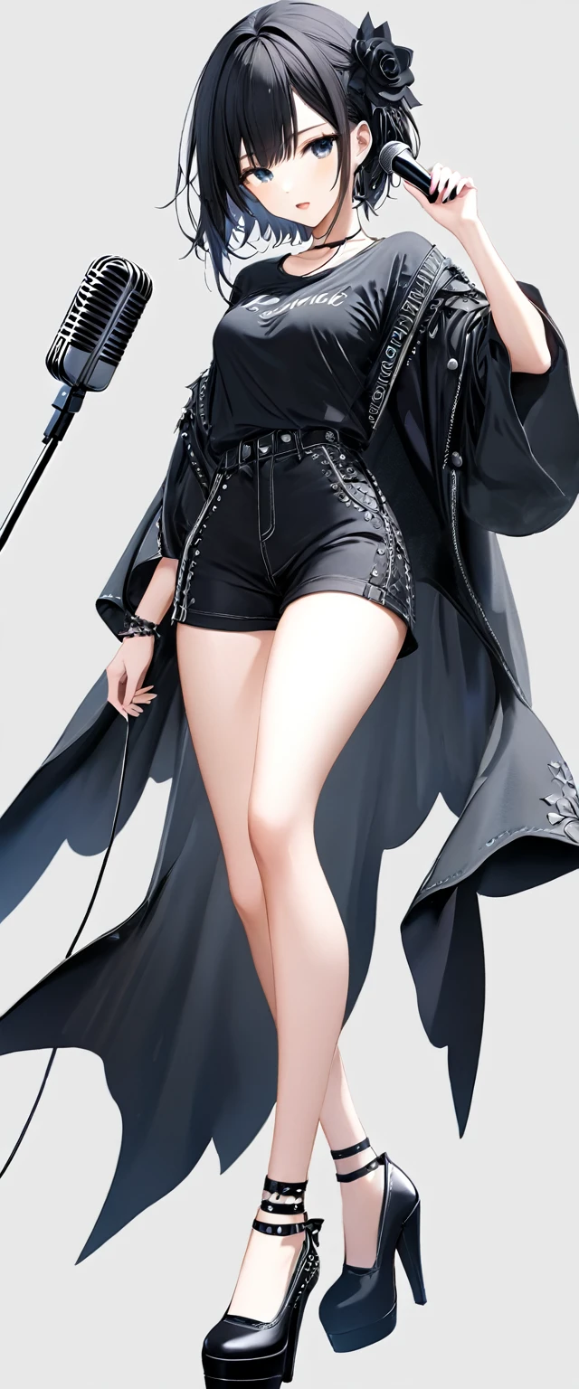 (((White background:1.5)))、(((Scandinavian gothic metal girl singing with the microphone open:1.5)))),(The entire subject is captured),(((full body:1.2))),(very wide shot)、(((masterpiece、Ultra HD、Highest quality、Masterpiece、4K:1.5)))、Slender body、, Highly detailed eyes, Highly detailed fingers、Short black hair、T-shirt on top、Shorts underneath, Wearing high heels、Dynamic pose、singing coolly、