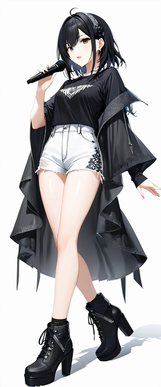 (((White background:1.5)))、(((Scandinavian gothic metal girl singing with the microphone open:1.5)))),(The entire subject is captured),(((full body:1.2))),(very wide shot)、(((masterpiece、Ultra HD、Highest quality、Masterpiece、4K:1.5)))、Slender body、, Highly detailed eyes, Highly detailed fingers、Short black hair、T-shirt on top、Shorts underneath, Wearing high heels、Dynamic pose、singing coolly、