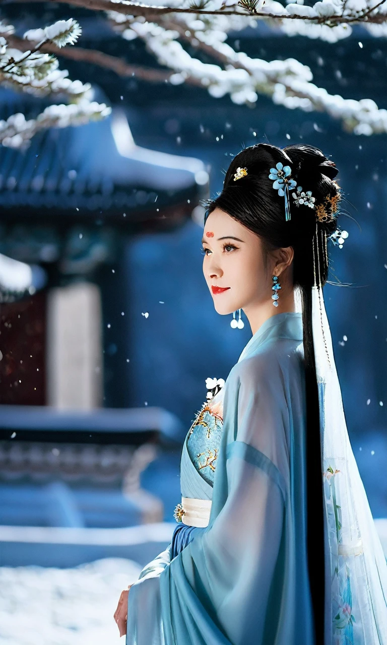 cinematic photo cinematic photo xsfantasy,oriental fantasy,asian,chinese,a 18 years old cute Chinese girl with thin face wearing hanfu,In the enchanting style of 90s Cinematic photography,capture the beauty of a Chinese girl::4 gracefully adorned in a Hanfu attire amidst a winter wonderland. Against a backdrop of a snow-covered landscape,she stands as if emerging from a dream,her flowing blue gown glistening like transparent ice. The soft moonlight illuminates the scene,while a gentle haze of smoke envelopes the air,creating an ethereal and mystical atmosphere. The composition::1 emphasizes the delicate intricacies of her Hanfu and the contrast with the snowy surroundings. The cool blue tones of her dress harmonize with the moonlit ambiance and the soft veil of smoke,resulting in a captivating and otherworldly image. Panaflex Platinum,35mm focal length,f/2.5 aperture,ISO 400,shutter speed 1/100.  . 35mm photograph,film,bokeh,professional,4k,highly detailed, . 35mm photograph, film, bokeh, professional, 4k, highly detailed