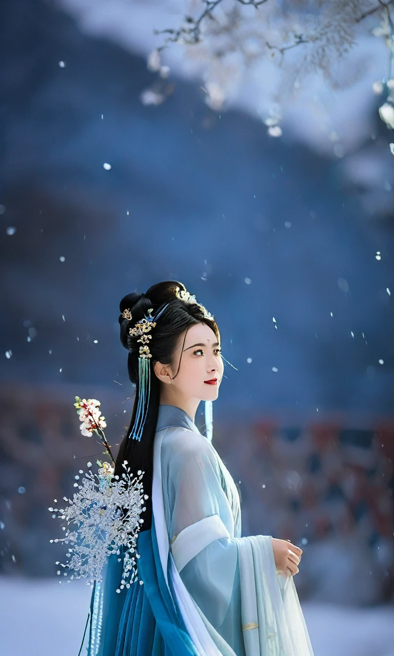 cinematic photo cinematic photo xsfantasy,oriental fantasy,asian,chinese,a 18 years old cute Chinese girl with thin face wearing hanfu,In the enchanting style of 90s Cinematic photography,capture the beauty of a Chinese girl::4 gracefully adorned in a Hanfu attire amidst a winter wonderland. Against a backdrop of a snow-covered landscape,she stands as if emerging from a dream,her flowing blue gown glistening like transparent ice. The soft moonlight illuminates the scene,while a gentle haze of smoke envelopes the air,creating an ethereal and mystical atmosphere. The composition::1 emphasizes the delicate intricacies of her Hanfu and the contrast with the snowy surroundings. The cool blue tones of her dress harmonize with the moonlit ambiance and the soft veil of smoke,resulting in a captivating and otherworldly image. Panaflex Platinum,35mm focal length,f/2.5 aperture,ISO 400,shutter speed 1/100.  . 35mm photograph,film,bokeh,professional,4k,highly detailed, . 35mm photograph, film, bokeh, professional, 4k, highly detailed