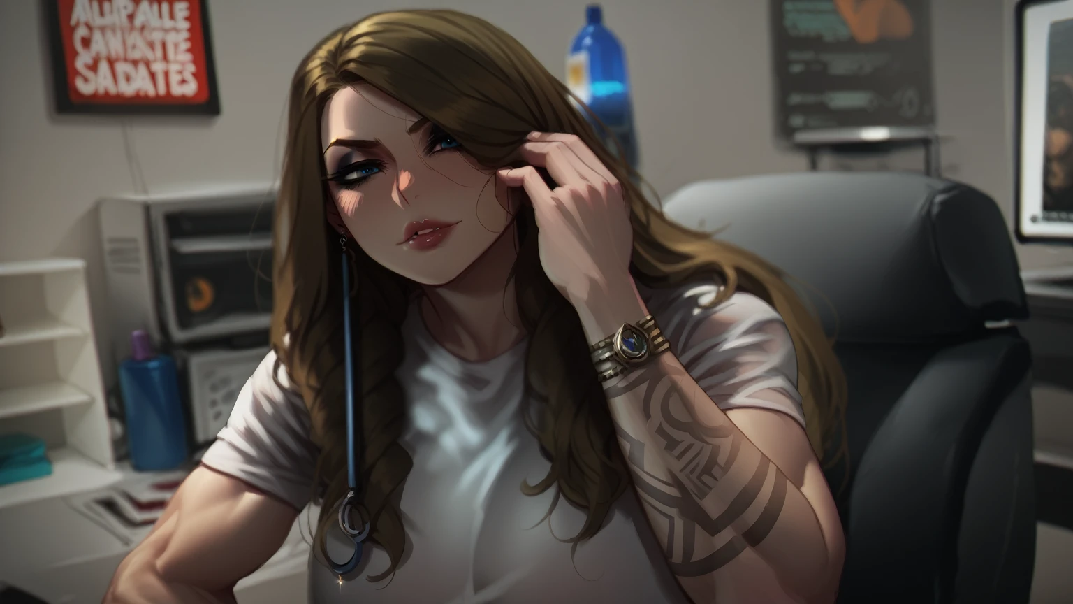 score_9, score_8_up, score_7_up, score_6_up, score_5_up, score_4_up, BREAK 1girl, ((muscular body:1)), intricate, white t-shirt (eyeliner:1.2), looking at viewer, bob hairstyle, blonde, jewelry, detailed background,huge breasts (masterpiece, high quality:1), talking