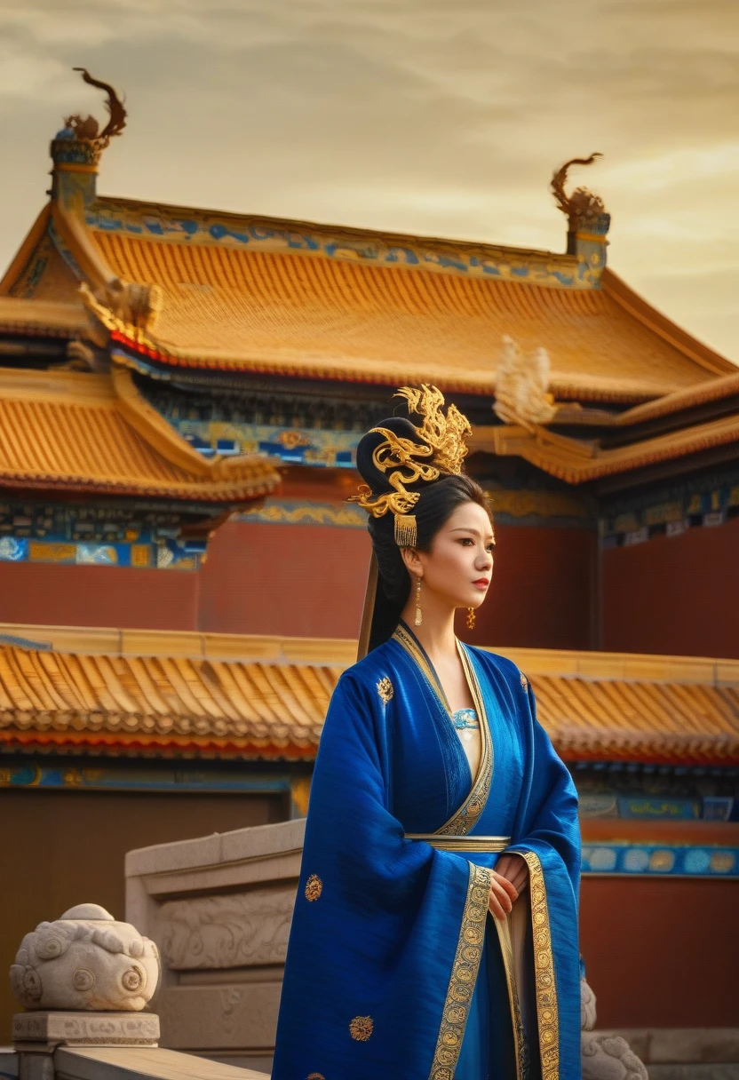 cinematic still Amidst the red walls of the Forbidden City, with its golden roofs gleaming under the sun, an asian woman in a royal blue robe with golden dragon motifs walked. Her attire, reminiscent of the empresses of yore, made her a moving masterpiece, echoing the grandeur and history of dynastic China.. emotional, harmonious, vignette, 4k epic detailed, shot on kodak, 35mm photo, sharp focus, high budget, cinemascope, moody, epic, gorgeous, film grain, grainy, cinematic, extremely, fabulous colors, artistic, perfect intricate, beautiful scenic full light, great composition, atmosphere, dynamic dramatic ambient, creative, lively, elegant