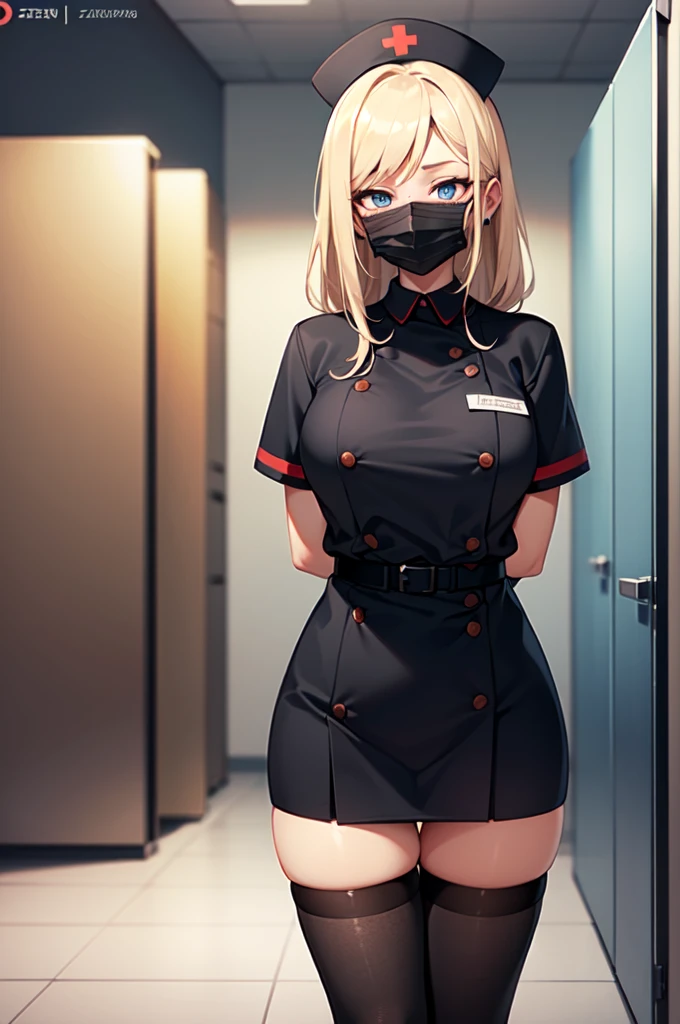 black nurse, 1woman, solo, black nurse cap, black nurse uniform, ((black legwear, zettai ryouiki)), black elbow gloves, blonde hair, blue eyes, ((black surgical mask, covered nose)), standing, ((surgery room)), sharp outline, short sleeves, mature female, 35 years old, best quality, masterpiece