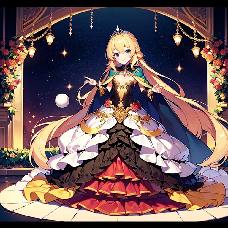 best quality,(long train cape:1.15),(long train ball gown with floral decoration:1.15), a girl is wearing a cape over her dress, anime style, rococo style, little princess, tiara, kind smile, very long hair, small breast, perfect fingers, masterpiece