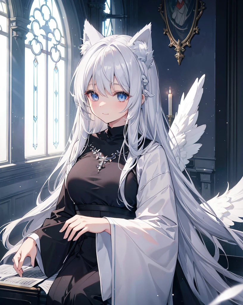 Very long hair、Silver Hair、Detailed sparkly eyes、Blue eyes、Three pairs of angel wings、Embarrassing、Nervous smile、shine、reflected light、Film Grain、masterpiece、Textured Skin、Super Detail、High Detail、high quality、最high quality、High Resolution、16K、shine、Monastic Clothes、Nuns、church、Stained glass. ((neko ears)), ((silver fox tail)), she's playing the piano while lots of white and black feather are falling from the sky. HDR, lots of light effects and lightflare.