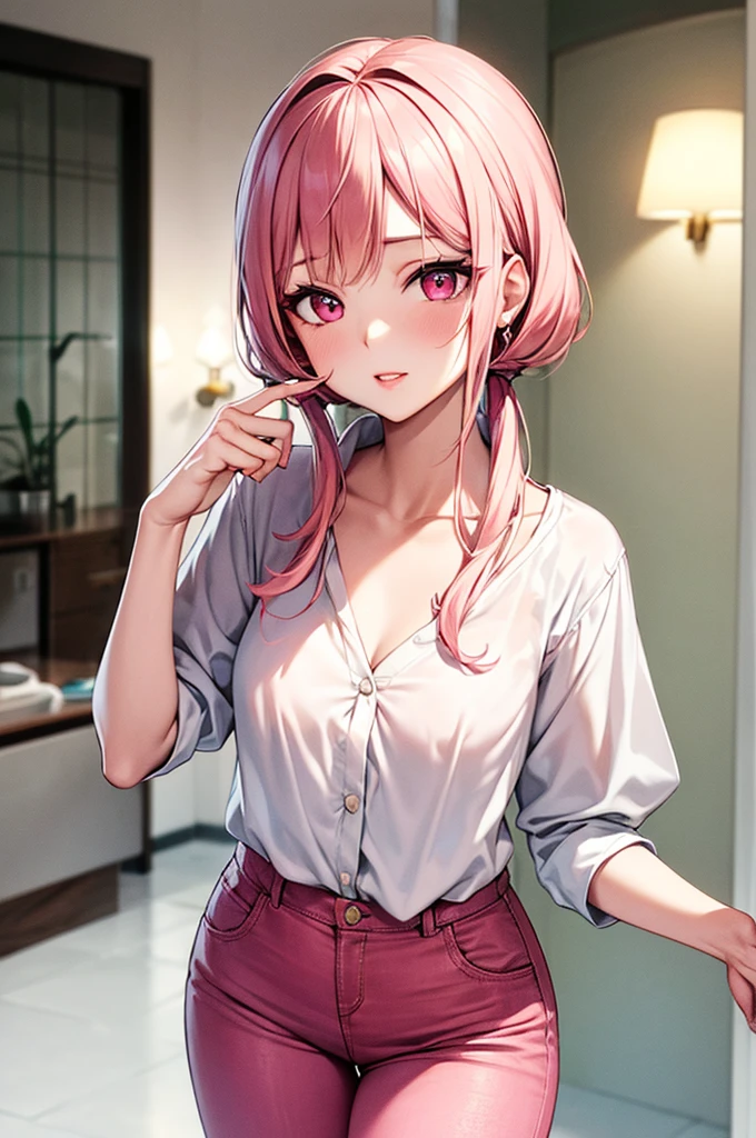 Gentle and attractive Chinese beauty, Half-body photo, Delicate and sexy collarbone, Attractive oval face, double eyelid, Bright pink eyes, Pink Lips, Small Nose, Exposing shoulders,  Ultra-high resolution, Super Details, Elegant standing posture, Korean style puff sleeve square collar slim short shirt, Pair it with a high-waisted light-colored jeans suit.