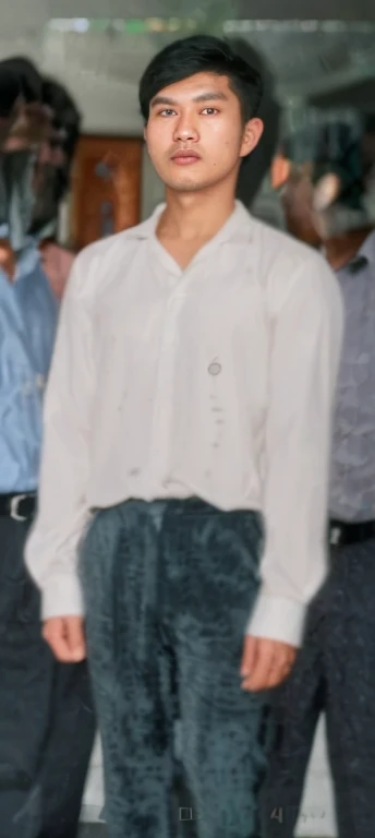 An Indonesian man, 25 years old, detail hair, detail eyes, detail mouth, long pants, white long sleeved shirt, HD, photo realistic, crisp lighting, natural light