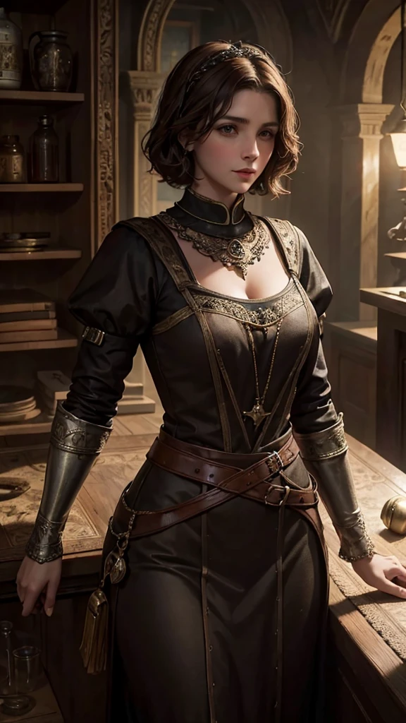 medieval female store manager, short brown hair, beautiful and intelligent, worker attire, 30 year old woman, intricate detailed painting, cinematic lighting, chiaroscuro, muted colors, photorealistic, 8k, masterpiece