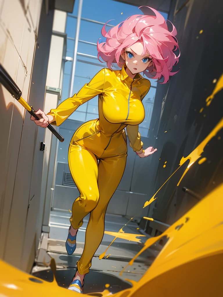 a mature woman , hero pose, big pink hair, shining blue eyes, wearing a mustard yellow jumpsuit. hero pose, big breasts35 years old, running away from an old squeegee, looking at the camera