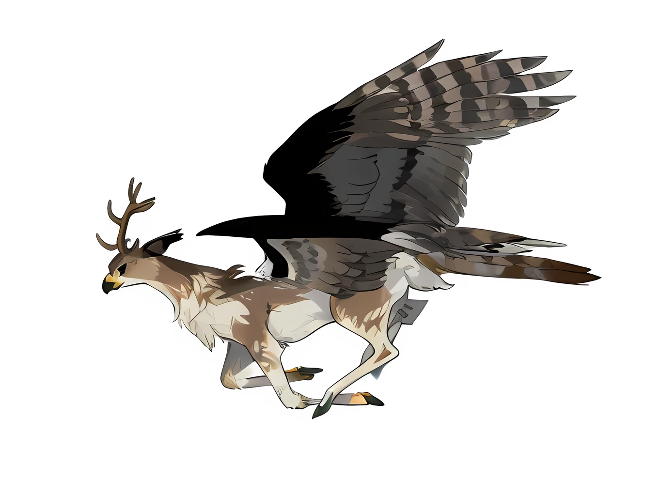 A magical creature, a character's leaf, a hawk's head with deer antlers, a deer's body, beautiful wings, high detail, ((perfect anatomy)), (perfect legs)