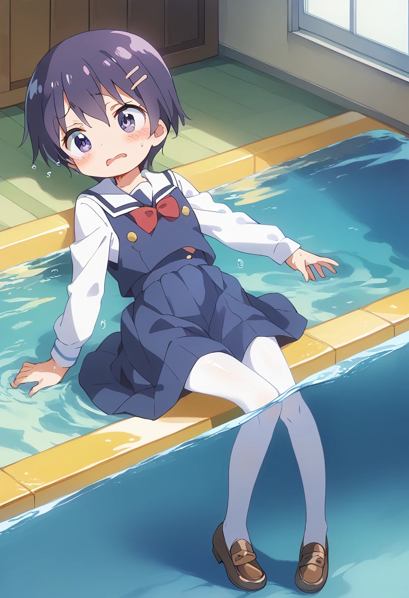 score_9, score_8_up, score_7_up, source_アニメ, masterpiece, 1girl, watahana, school uniform, blue dress, sailor dress, pinafore dress, white sailor collar,white shirt, red bowtie, long sleeves, flat chest, white pantyhose, loafers, from above, indoors, shiny hair, cuteポーズ, (Completely flooded)、((The skirt spreads over the water surface.))、(Drowning), Immersed in water、Transparent pool, Water Play, Primary school students、Skirt fully open、Long wide skirt、cute、blush、Watery eye、Lots of water、Wet