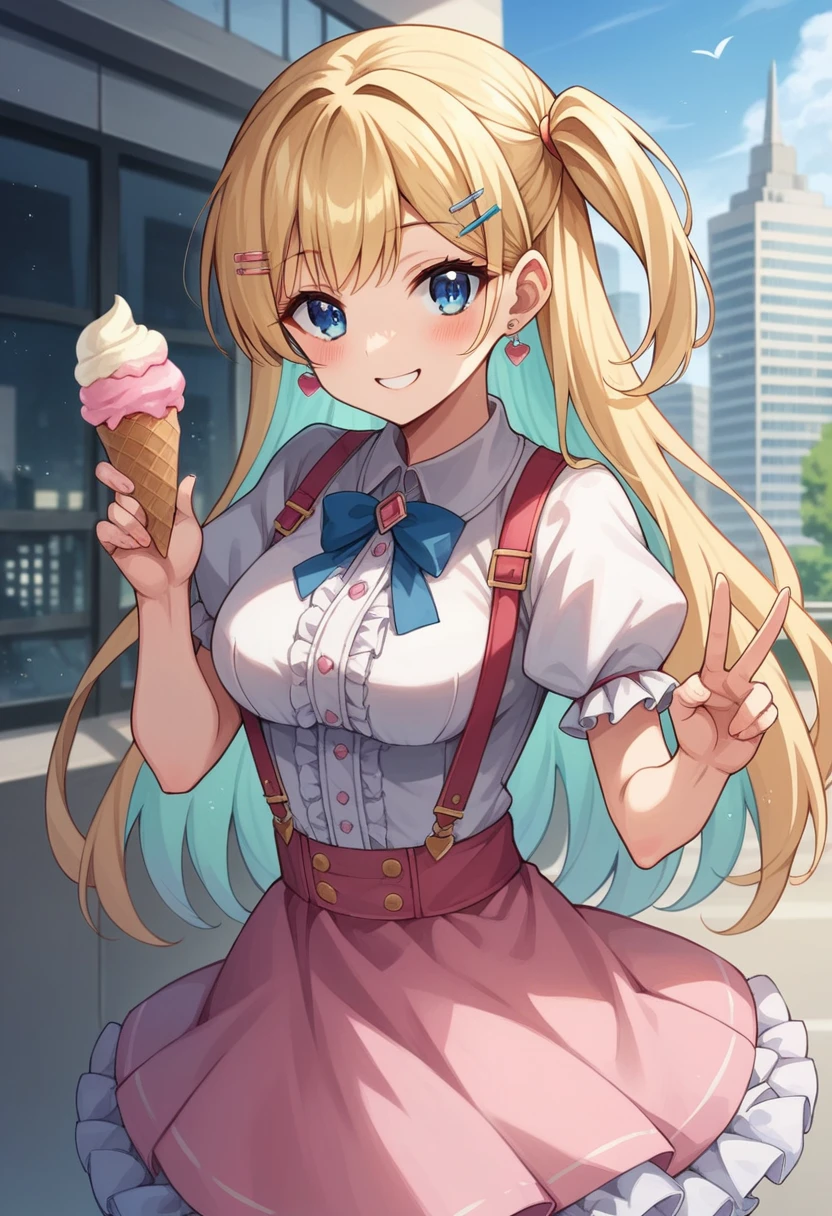 (masterpiece, best quality, very aesthetic, ultra detailed), intricate details,
1girl, ShirakawaRuna, blonde hair, multicolored hair, bangs, one side up, long hair, blue eyes, hairclip, jewelry, earrings, medium breasts, frills, puffy sleeves, puffy short sleeves, suspenders, frilled skirt, pink skirt, smile, blush, v, looking at viewer,  dynamic pose, cityscape, building, holding, ice cream