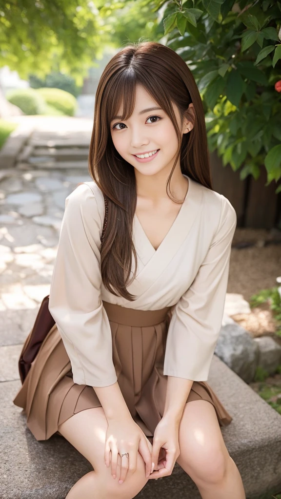 Japanese Idols、Brown Hair、Shoulder-length layers、Sophisticated、smile、An angle that captures up to the knees、Sophisticated爽やかな色の夏服