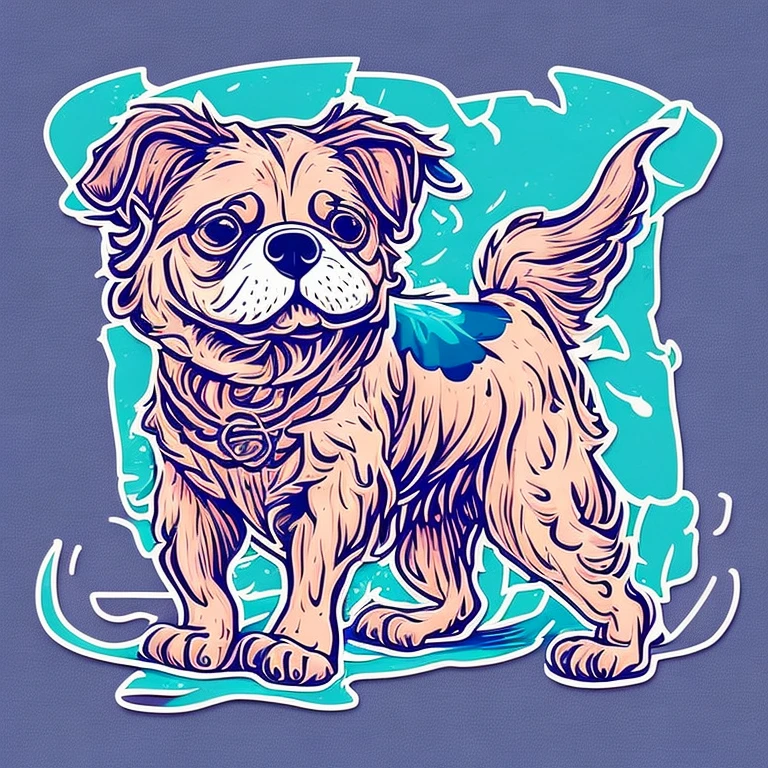 Dog illustration for a sticker with a blue background, in bold outline style, jagged edges, trashcore, light shading.