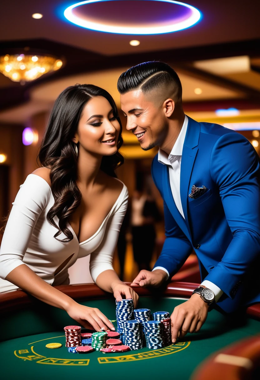 Woman and man playing in a themed casino decorated with football style and football team brands and cr7 ronaldo coins swallow style