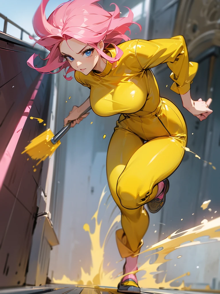 a mature woman , hero pose, big pink hair, shining blue eyes, wearing a mustard yellow jumpsuit. hero pose, big breasts35 years old, running away from an old squeegee, eye on the spectator, look at the camera