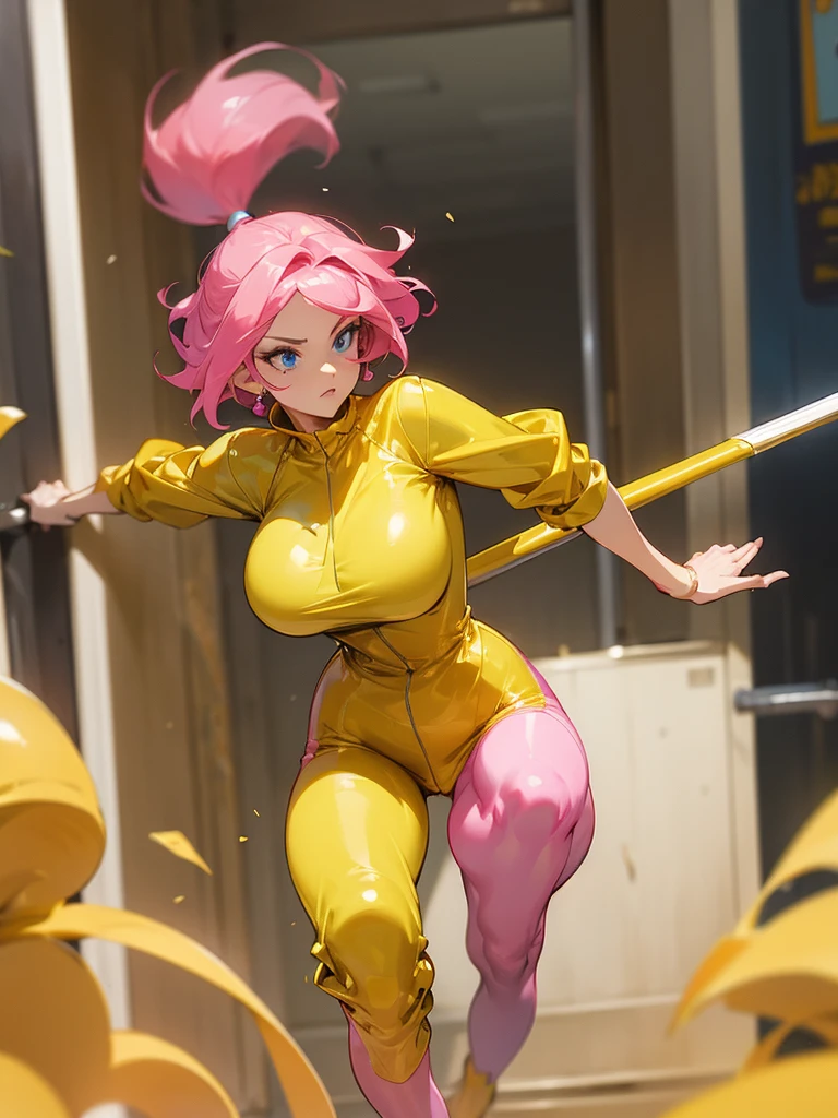 a mature woman , hero pose, big pink hair, shining blue eyes, wearing a mustard yellow jumpsuit. hero pose, big breasts35 years old, running away from an old squeegee, eye on the spectator, look at the camera
