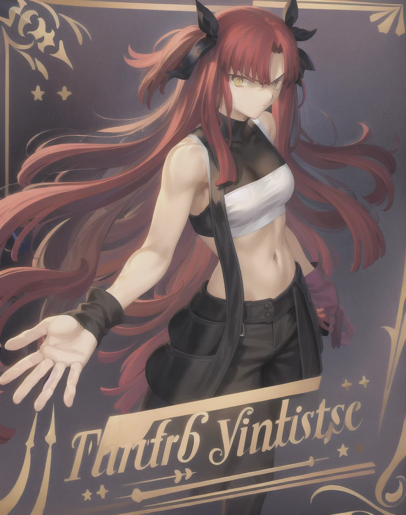 masterpiece, best quality 1girl, solo, beautiful woman, messy bangs, red hair, long hair, hair two side up by black bows , yellow eyes, angry, large breasts, toned stomach, white tank top, long black coat, figureless black gloves, black pants, fantasy looking at viewer,