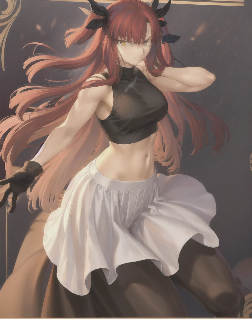 masterpiece, best quality 1girl, solo, beautiful woman, messy bangs, red hair, long hair, hair two side up by black bows , yellow eyes, angry, large breasts, toned stomach, white tank top, long black coat, figureless black gloves, black pants, fantasy looking at viewer,
