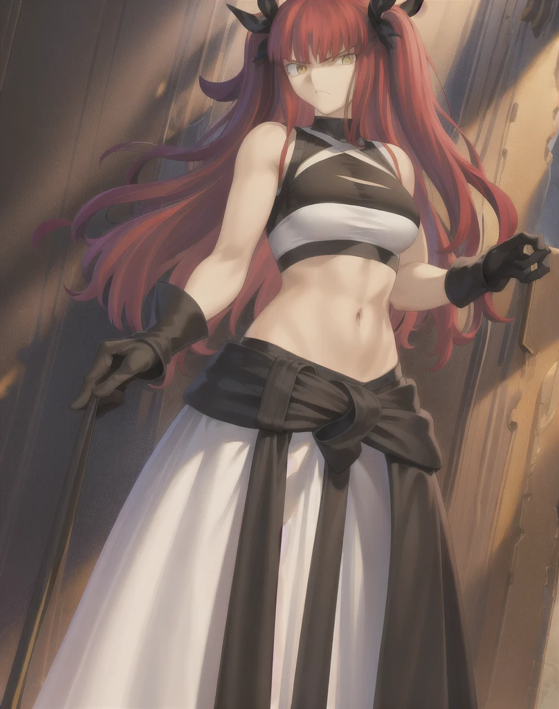 masterpiece, best quality 1girl, solo, beautiful woman, messy bangs, red hair, long hair, hair two side up by black bows , yellow eyes, angry, large breasts, toned stomach, white tank top, long black coat, figureless black gloves, black pants, fantasy looking at viewer,
