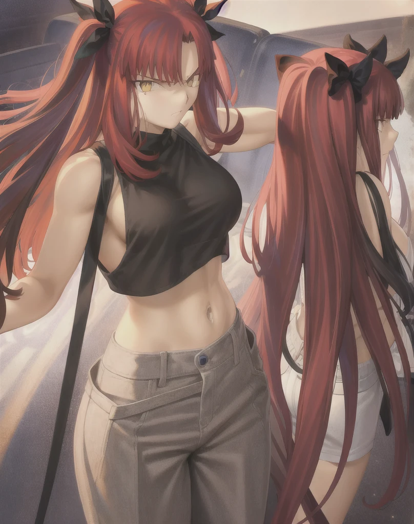 masterpiece, best quality 1girl, solo, beautiful woman, messy bangs, red hair, long hair, hair two side up by black bows , yellow eyes, angry, large breasts, toned stomach, white tank top, long black coat, figureless black gloves, black pants, fantasy looking at viewer,