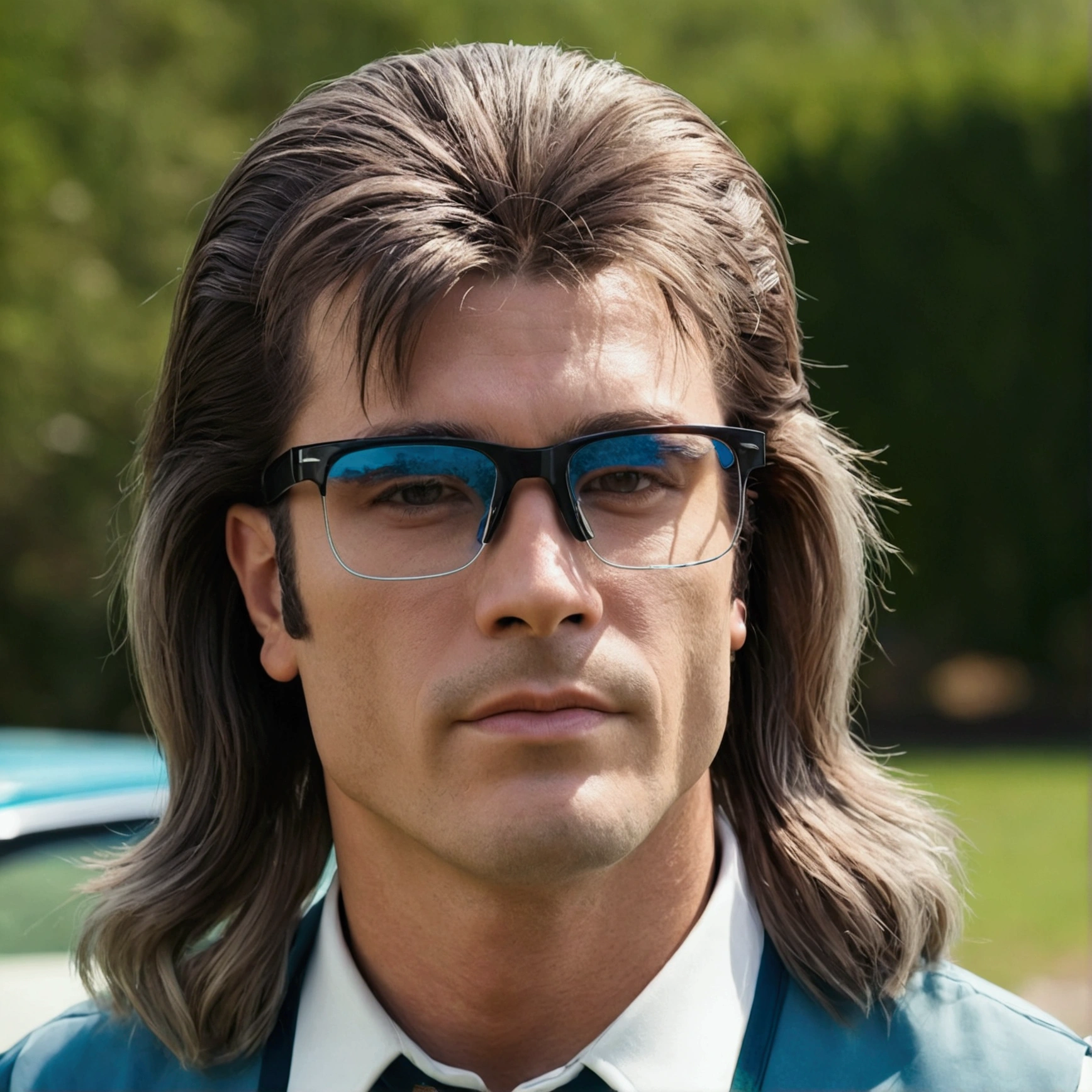 a mullet with glasses