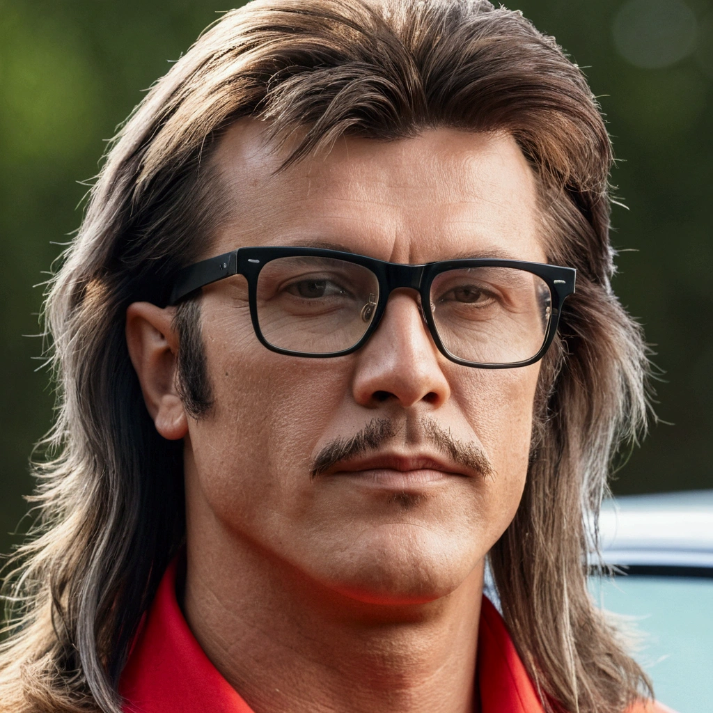 a mullet with glasses