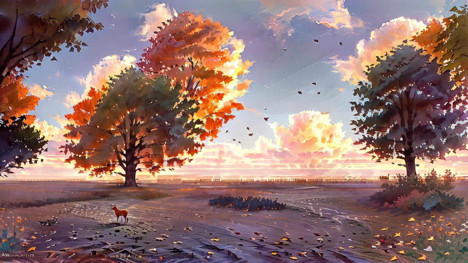 Illustration of a fox sitting in a field with trees and many leaves, Works inspired by Jakub Schikaneder, atmosphere. digital painting, Blurry and dreamy painting, low detail. digital painting, dreamlike digital painting, soft digital painting, Blurry and dreamy painting, Lost in a dreamy fairy landscape, Songs inspired by Gediminas Pranckevicius