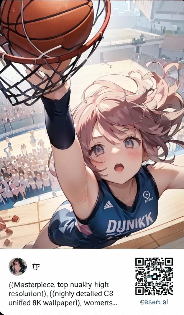 1girl,pink hair, pink eyes with love, detailed eyes, straight hair, straight bangs, shiny hair, basketball player, making a powerful dunk shot, seen from above, dynamic sports photo, high-definition,best quality, high resolution, slim waist, cute, ((Masterpiece, top quality, high resolution)), ((highly detailed CG unified 8K wallpaper)), (PastelColors: 1.3)