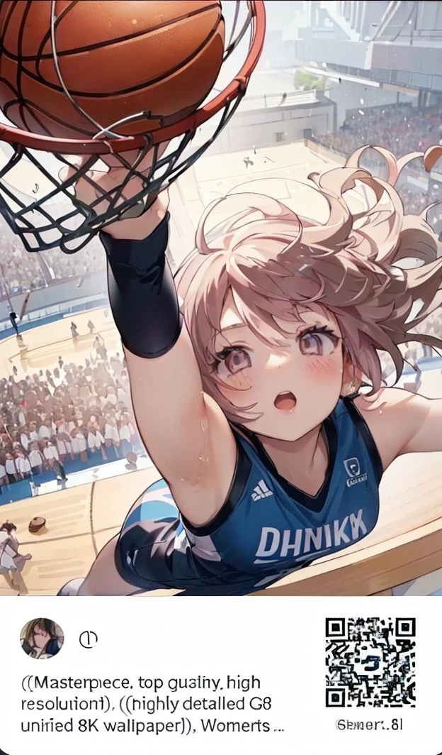 1girl,pink hair, pink eyes with love, detailed eyes, straight hair, straight bangs, shiny hair, basketball player, making a powerful dunk shot, seen from above, dynamic sports photo, high-definition,best quality, high resolution, slim waist, cute, ((Masterpiece, top quality, high resolution)), ((highly detailed CG unified 8K wallpaper)), (PastelColors: 1.3)