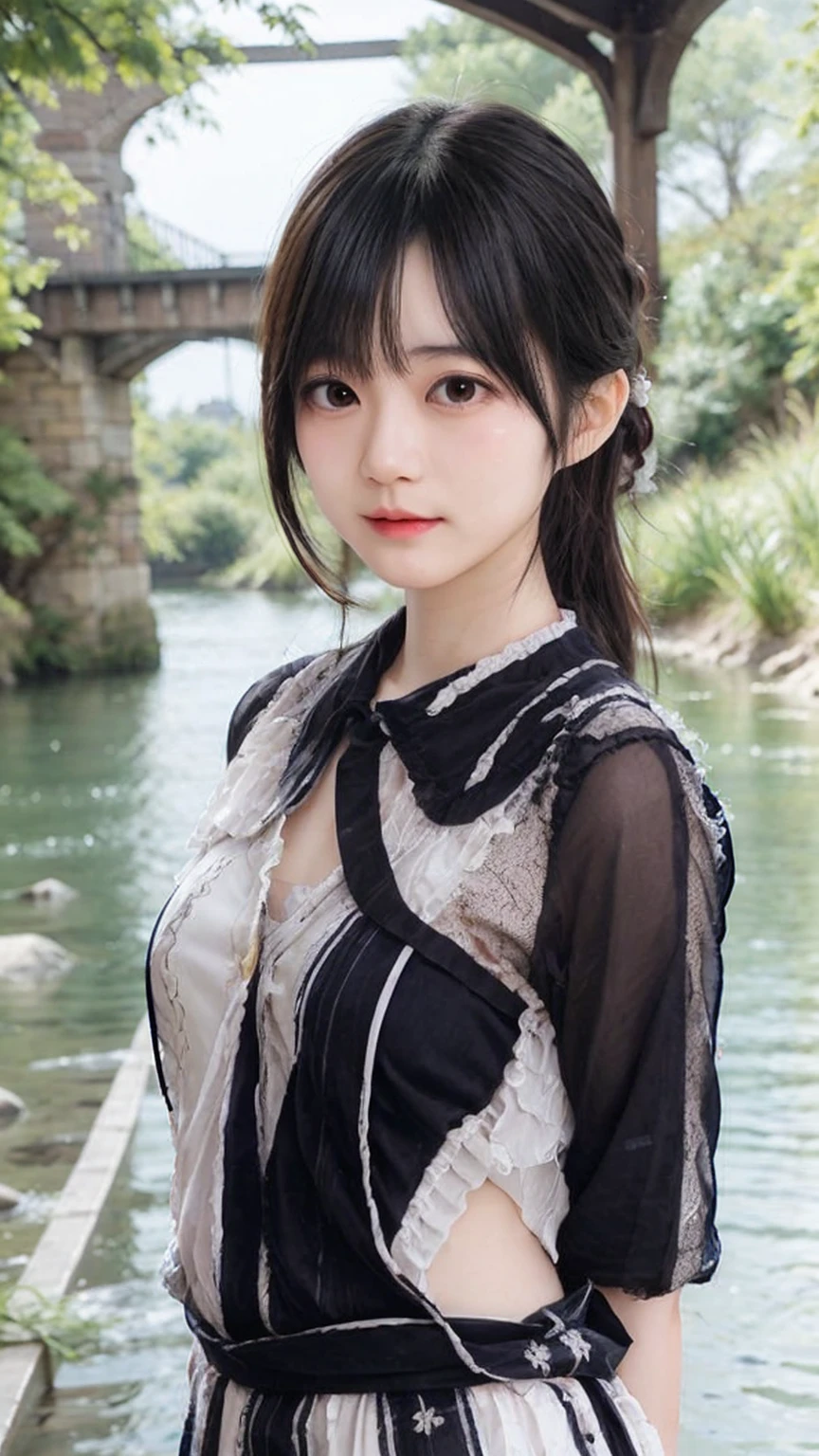 A super cute, tsundere, busty girl、The highest standard of ultra-high definition full-body photos、(Small face)、No makeup、Sexy lips、Chignon hairstyle、A see-through, girly shirt、Enchanting pleated skirt、(Bust SizeＦcup、Waist SizeＸＳ)、Under the bridge of the mysterious river