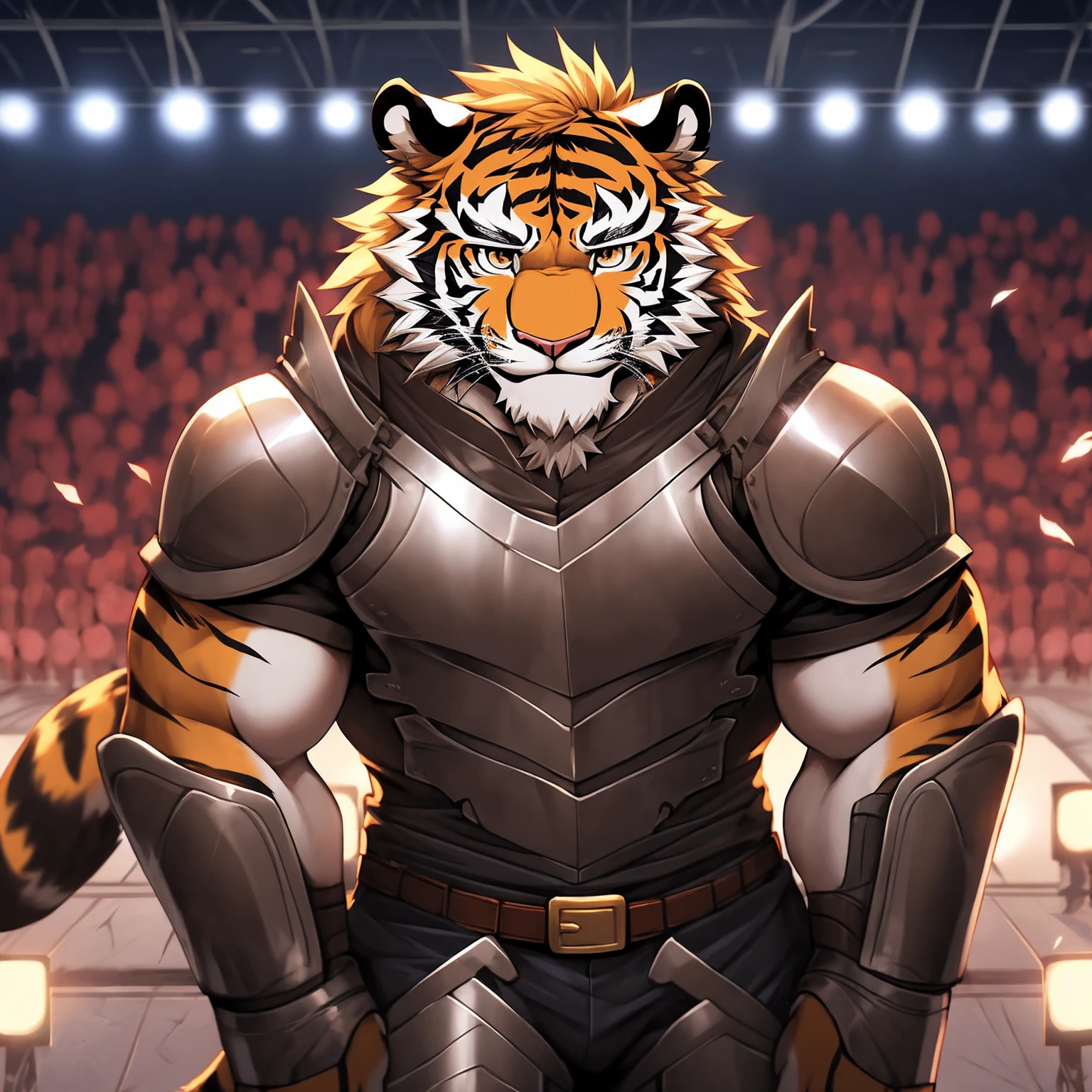 (1 mature male furry), masterpiece, best quality, Super beautiful illustrations, Male tiger furry, Strong masculine face, Wearing armor and iron boots,Looking at the audience, 1 Boy, belt, close up, Looking at the audience, 4K, high resolution,