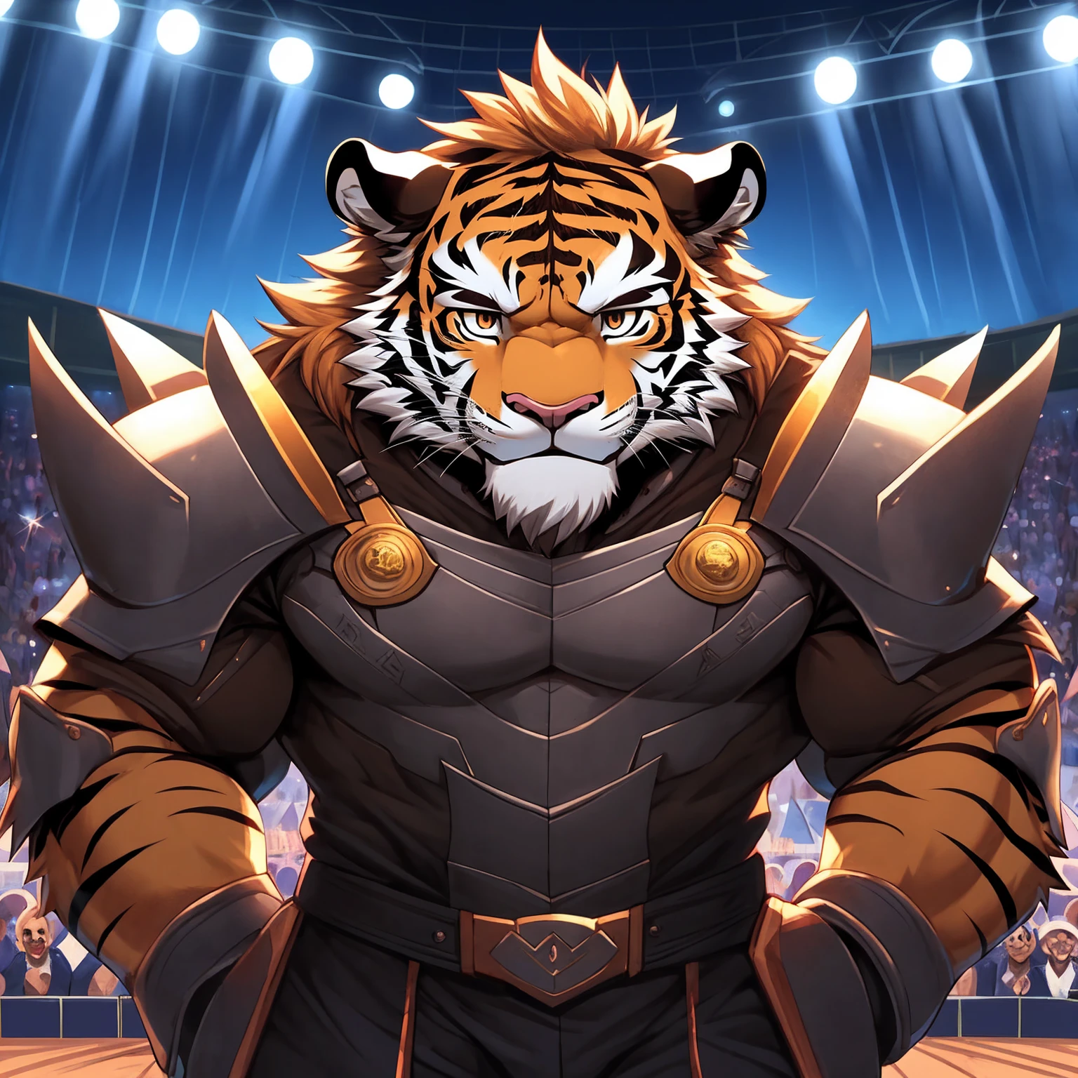 (1 mature male furry), masterpiece, best quality, Super beautiful illustrations, Male tiger furry, Strong masculine face, Wearing armor and iron boots，Looking at the audience, 1 Boy, belt, close up, Looking at the audience, 4K, high resolution, 