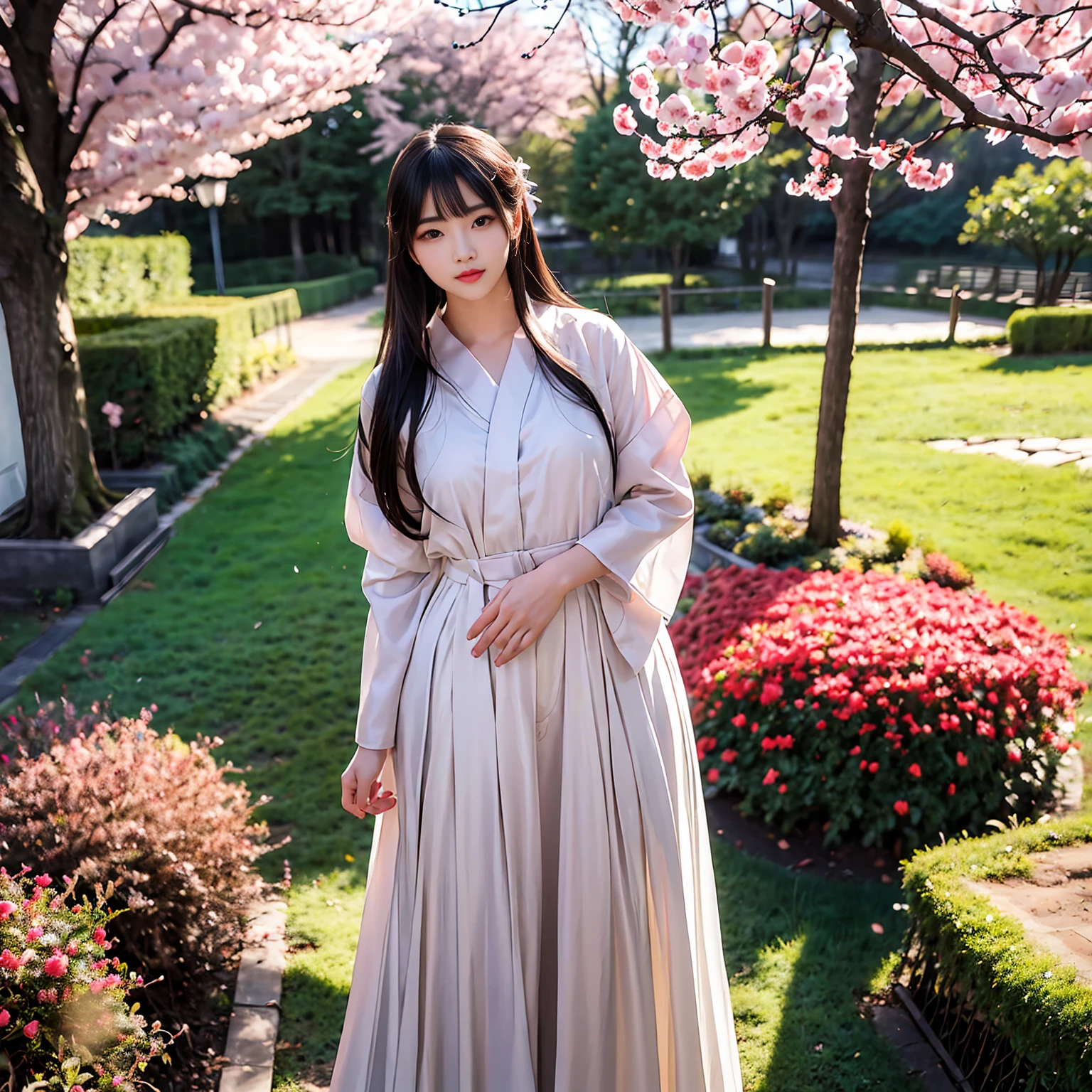 a beautiful young Korean girl with long hair, full body true beauty, 1 girl, standing, enjoying a beautiful day, park, cherry blossoms, cherry trees, spring, soft light, detailed face, beautiful eyes, long eyelashes, beautiful lips , detailed clothing, flowing dress, tranquility, serene, photorealistic, (best quality, 8k, high resolution, masterpiece: 1.2), ultra detailed, (realistic, photorealistic, photorealistic: 1.37), HDR, studio lighting, vivid colors, warm color palette, natural light, magical