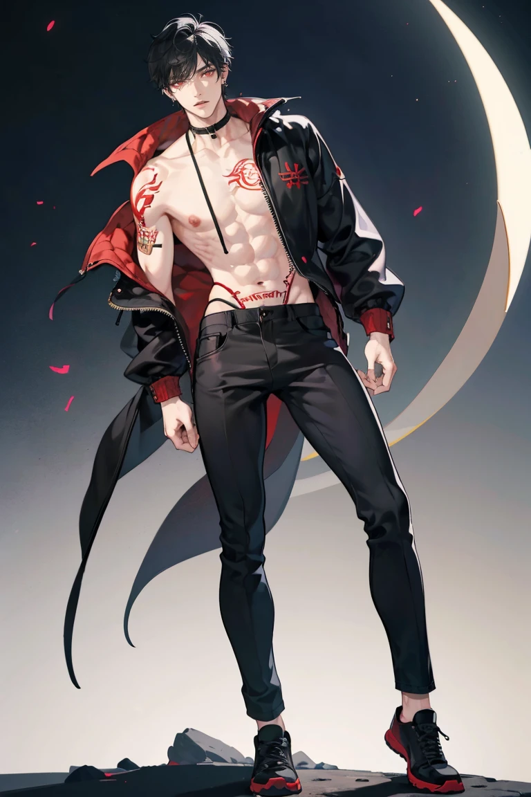 (masterpiece), best quality, seductive eyes, perfect face, handsome man, red eyes, short messy black hair, long nose, body tattoos, topless, long black pants, black sneakers, full body, extremely tall man, long legs, long calves, anime cover, 1boy, ear piercings, adult-like look, standing, bad boy