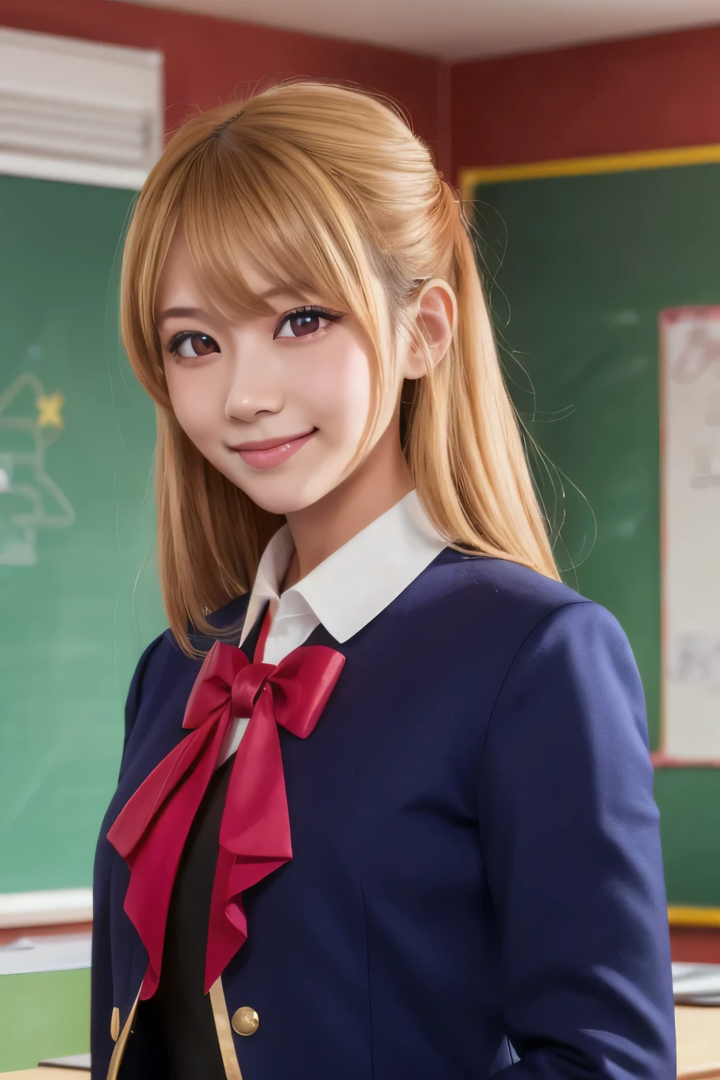 masterpiece, 8k wallpaper, Highest quality, One girl,Blonde,Blonde Hair,Pink Eyes,Hoshino Ruby,ruby hoshino, smile, blush,uniform,Long sleeve navy blue blazer,Red ribbon, White shirt,whole body,classroom