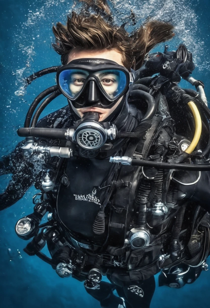 Masterpiece, High definition, High-quality and HD quality image featuring a highly detailed illustration of a male young man scuba diving and wearing a accurate scuba diving gear. Full-body shot, showcasing his good proportions and well-defined human masculine anatomy and humanly face, beatiful face and body. With an athletic physique. He is swimming underwater. He is wearing scuba diving mask and diving fins. Regulator in mouth. 8k