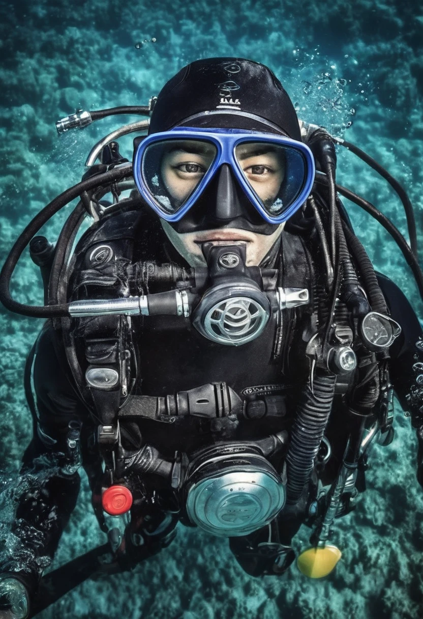 Masterpiece, High definition, High-quality and HD quality image featuring a highly detailed illustration of a male young man scuba diving and wearing a accurate scuba diving gear. Full-body shot, showcasing his good proportions and well-defined human masculine anatomy and humanly face, beatiful face and body. With an athletic physique. He is swimming underwater. He is wearing scuba diving mask and diving fins. Regulator in mouth. 8k