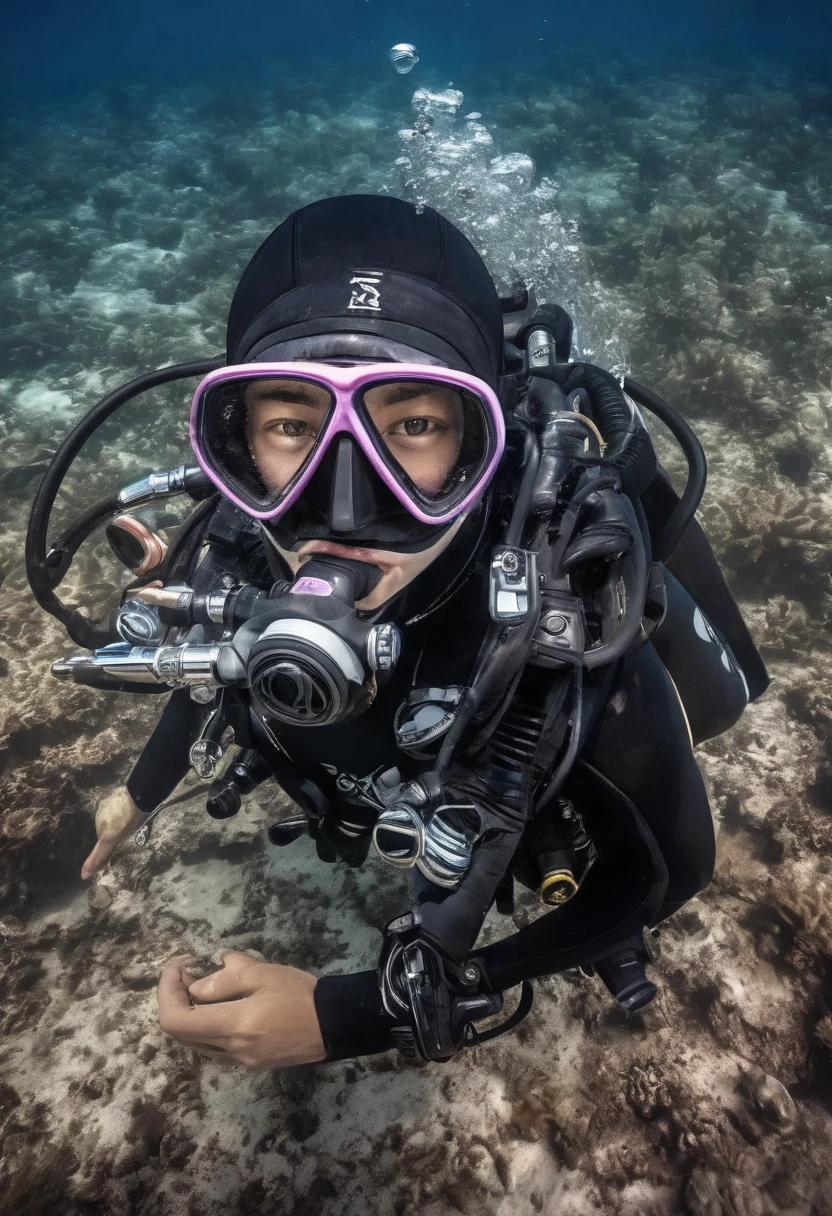 Masterpiece, High definition, High-quality and HD quality image featuring a highly detailed illustration of a male young man scuba diving and wearing a accurate scuba diving gear. Full-body shot, showcasing his good proportions and well-defined human masculine anatomy and humanly face, beatiful face and body. With an athletic physique. He is swimming underwater. He is wearing scuba diving mask and diving fins. Regulator in mouth. 8k