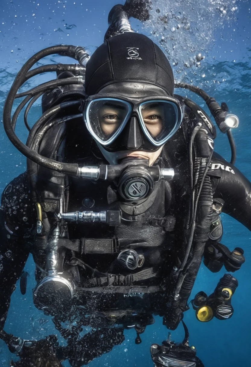 Masterpiece, High definition, High-quality and HD quality image featuring a highly detailed illustration of a male young man scuba diving and wearing a accurate scuba diving gear. Full-body shot, showcasing his good proportions and well-defined human masculine anatomy and humanly face, beatiful face and body. With an athletic physique. He is swimming underwater. He is wearing scuba diving mask and diving fins. Regulator in mouth. 8k