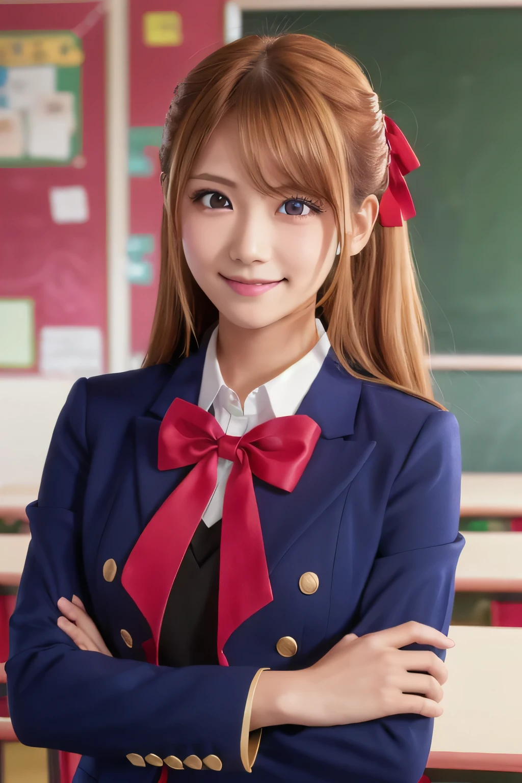 masterpiece, 8k wallpaper, Highest quality, One girl,Blonde,Blonde Hair,Pink Eyes,Hoshino Ruby,ruby hoshino, smile, blush,uniform,Long sleeve navy blue blazer,Red ribbon, White shirt,whole body,classroom