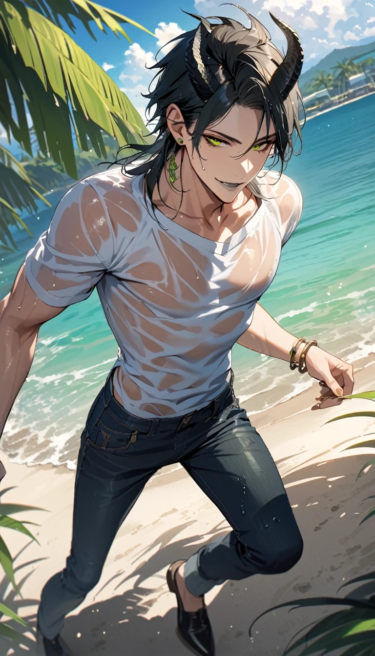 masterpiece, highres, absurdres, illustration, ((masterpiece:1.4, best quality)), (Ultra detailed background), 1boy, handsome man, highly detailed beautiful face and eyes, beautiful eyes, (sharp detail:1.3), shiny, earrings, bracelet, (wet clothes:1.3), Shirts, Bari, Cebu Island, plumeria, near the beach, dynamic angle, 1boy, sitting on floor, topless, jeans, dynamic angle, malleus draconia (twisted wonderland) horns, bishounen, boy, male, yana Toboso style, long hair, black hair, yellow green eyes, smile, gray lips, handsome, skinny, tall, yellow green glow,