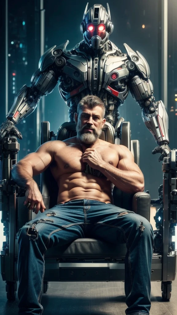 Breathtaking Full Body Shot, Broken Full Body, (Hacked Arm: 1.4), Front Viewer, Sitting in a Stylish Armchair, (Looking at Viewer: 1.4), Dynamic Pose, Reelmech, (Mechanics of parts: 1.5), missing parts, dirty, oil leak, (damaged: 1.3), 45 year old man with large, full beard, smiling, athletic, damaged eye socket, damaged cheek, work of art, award-winning, professional, highly detailed