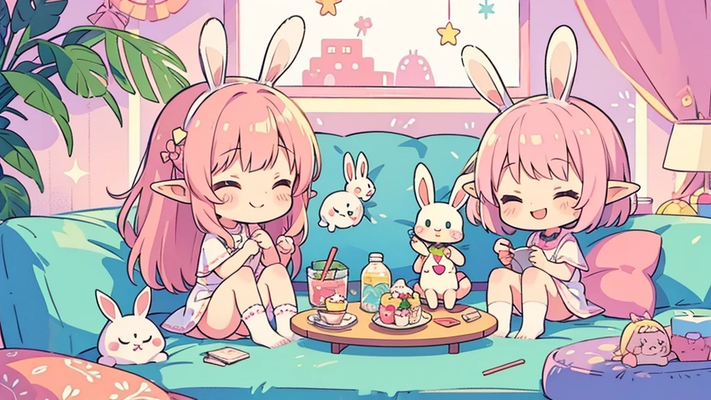 Bunny ears、Chibi Girl Elf、Chill out、Pink and pop room、 smile