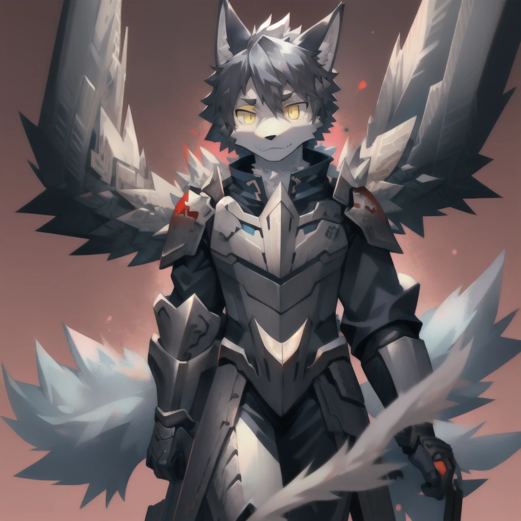 hairy,Beast field,anthropology, bust, (Red background:1.25),black background, Blue Background, male,Solitary, Wolf,Wolf ears,Wolf tail, Gray fur,Yellow eyes, Looking at the audience, Slightly frown, armor,