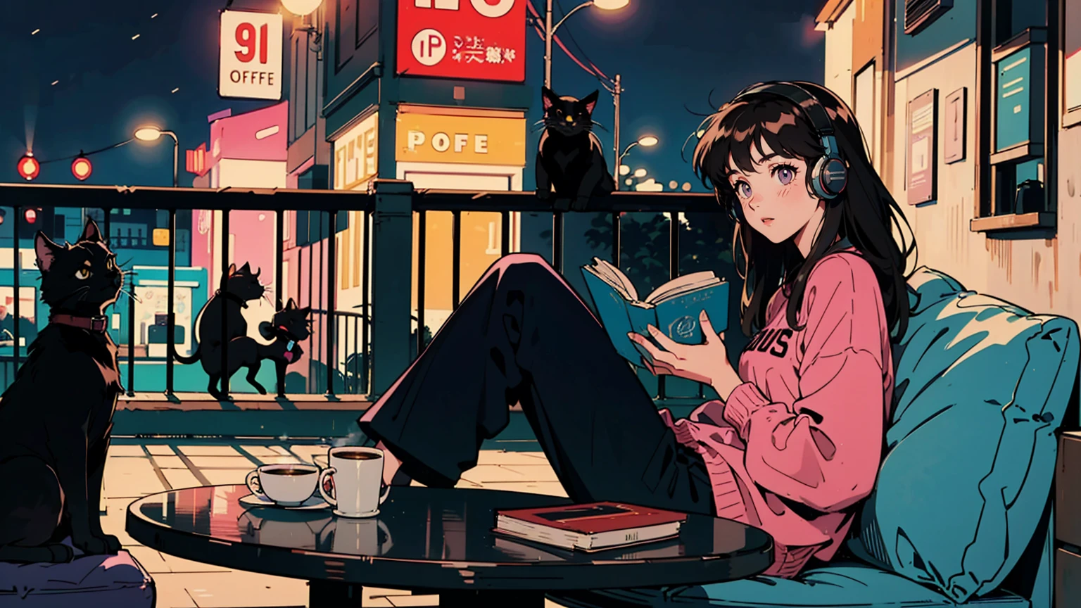 Highest quality, 8k, 1990s style,Hairstyles of the 2010s, 21 year old girl, Black Hair, Long Hair, Light brown eyes, City Pop, pants ,Night view, Wear headphones,Reading a book, whole body, Relax Coffee,table,making,look at me, 1 black cat