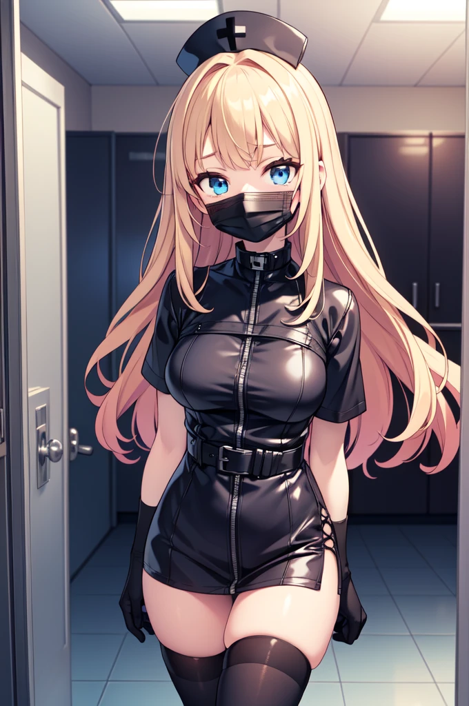 black nurse, 1woman, solo, black nurse cap, black nurse uniform, ((black legwear, zettai ryouiki)), black elbow gloves, blonde hair, blue eyes, ((black surgical mask, covered nose)), standing, ((surgery room)), sharp outline, short sleeves, mature female, 35 years old, best quality, masterpiece